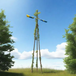 A high-quality digital art image showcasing a traditional Swedish midsummer pole, known as a midsommarstång, standing tall against a clear sky