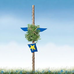 A high-quality digital art image showcasing a traditional Swedish midsummer pole, known as a midsommarstång, standing tall against a clear sky