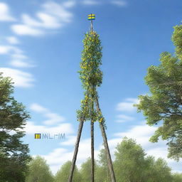 A high-quality digital art image showcasing a traditional Swedish midsummer pole, known as a midsommarstång, standing tall against a clear sky