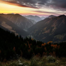 An endless panorama of dense, majestic mountain peaks reaching towards infinity, with a misty ambiance and the vibrant color changes of a sunset.