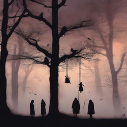 A high-quality digital art image capturing the eerie ambiance of dusk in a dense, spooky forest