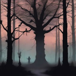 A high-quality digital art image capturing the eerie ambiance of dusk in a dense, spooky forest