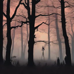 A high-quality digital art image capturing the eerie ambiance of dusk in a dense, spooky forest