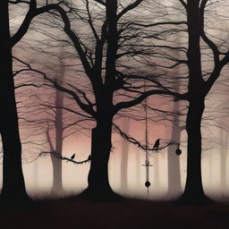 A high-quality digital art image capturing the eerie ambiance of dusk in a dense, spooky forest