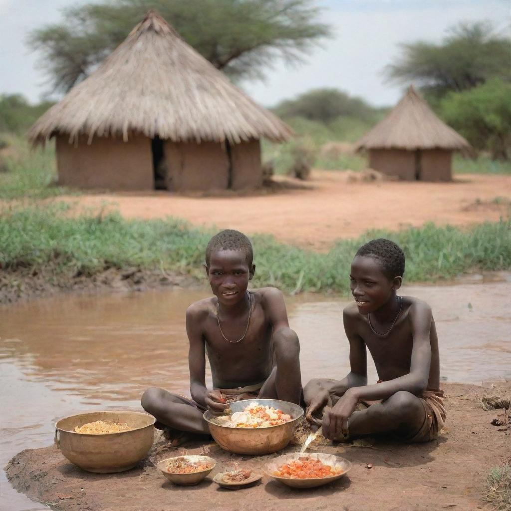 A young Karamojong boy with his girlfriend in the African wilderness, right next to their traditional home, absorbed in the act of preparing a rich, savory meal by the river.