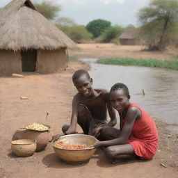 A young Karamojong boy with his girlfriend in the African wilderness, right next to their traditional home, absorbed in the act of preparing a rich, savory meal by the river.