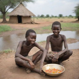 A young Karamojong boy with his girlfriend in the African wilderness, right next to their traditional home, absorbed in the act of preparing a rich, savory meal by the river.