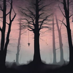 A high-quality digital art image capturing the eerie ambiance of dusk in a dense, spooky forest