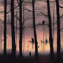 A high-quality digital art image capturing the eerie ambiance of dusk in a dense, spooky forest