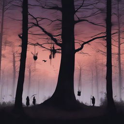 A high-quality digital art image capturing the eerie ambiance of dusk in a dense, spooky forest