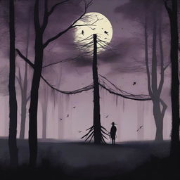 A high-quality digital art image capturing the eerie ambiance of dusk in a dense, spooky forest