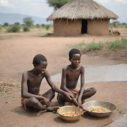 A young Karamojong boy with his girlfriend in the African wilderness, right next to their traditional home, absorbed in the act of preparing a rich, savory meal by the river.