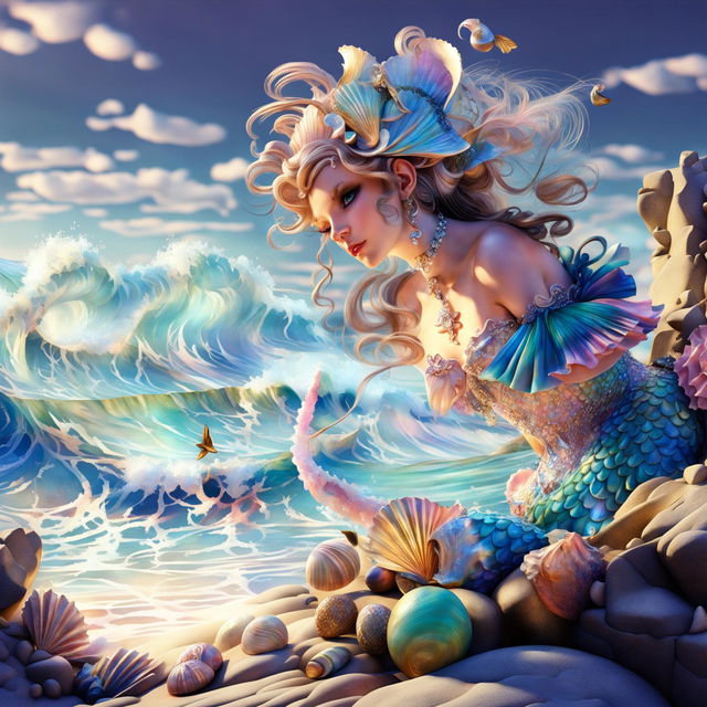 A hyper-realistic 3D rococo mermaid on a rock watching sea waves crash against the shore, with sunlight filtering through clouds.