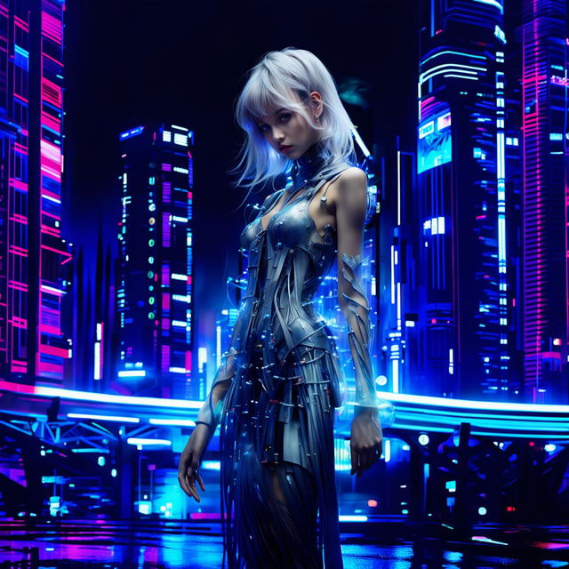 A hyper-realistic, unfiltered photograph of a techno-organic girl with glowing blue eyes standing alone in a neon-lit cityscape. Her body is a blend of human and machine, with sleek metallic limbs and silver wire hair. She exudes a profound sadness yet undeniable beauty.