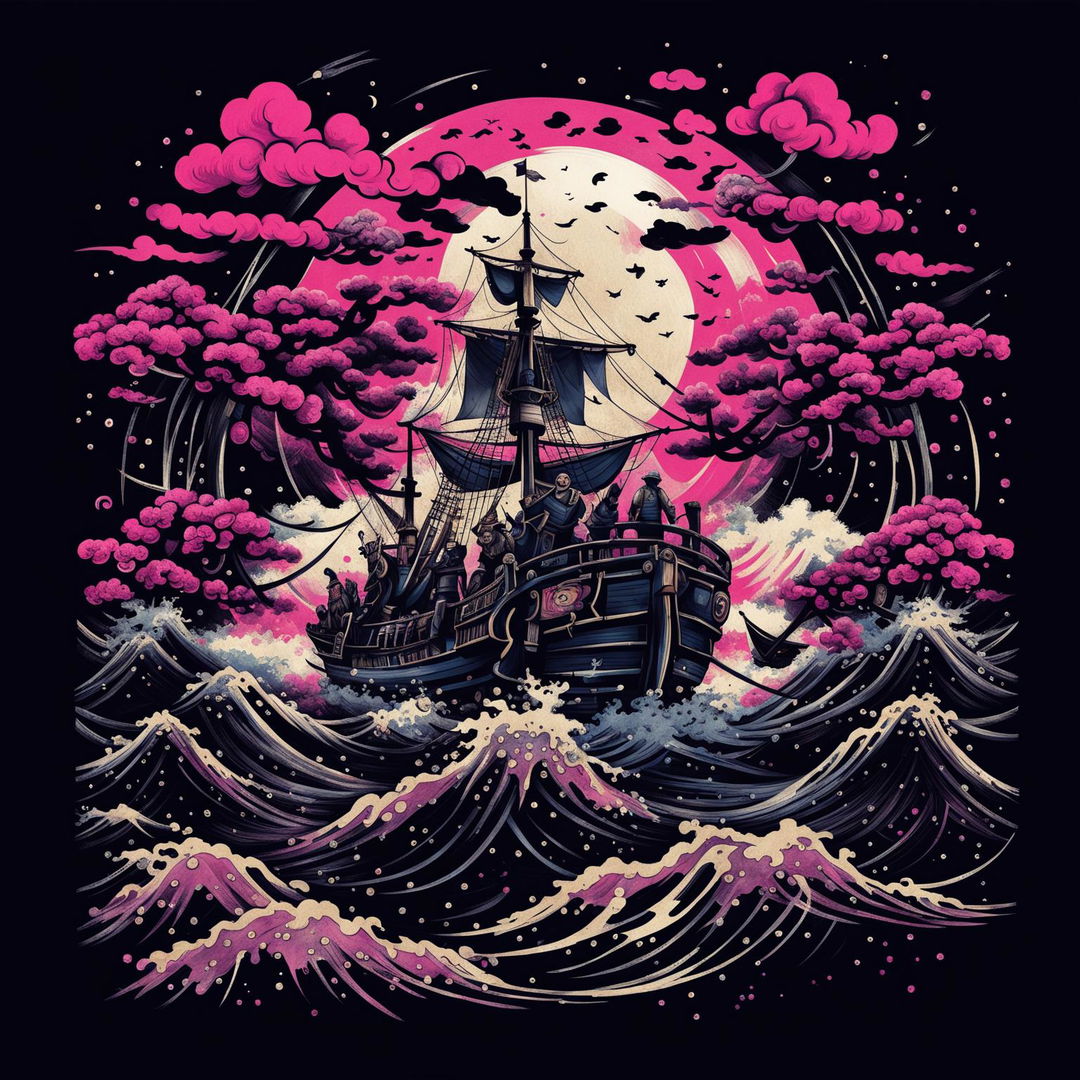 A pirate ship with samurai pirates sailing on an ink sea near Mount Fuji under a sky with hues of the Japanese flag.