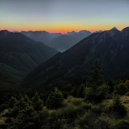 An endless panorama of dense, majestic mountain peaks reaching towards infinity, with a misty ambiance and the vibrant color changes of a sunset.