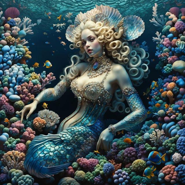 A hyper-realistic 3D Rococo mermaid in an ocean setting, adorned with intricate details and surrounded by vibrant marine life.