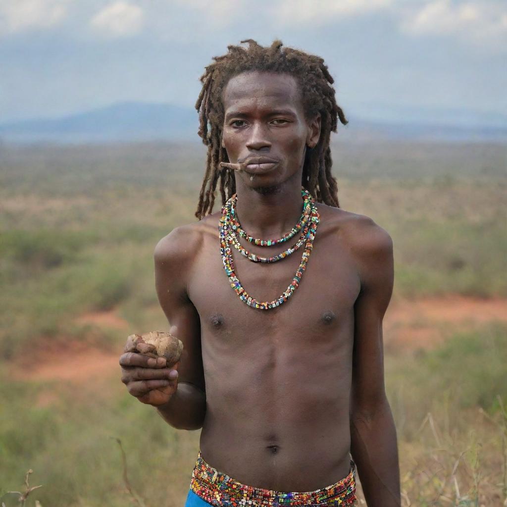 Tall, handsome Karamojong boy with dreadlocks in wilderness, smoking a pipe. His girlfriend, adorned in colorful beads, busily prepares Ugali next to him against the backdrop of the vast African landscape.