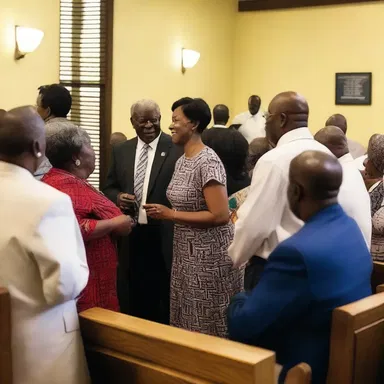 During the church gathering, the members chit-chat before the sermon begins.