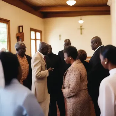 During the church gathering, the members chit-chat before the sermon begins.