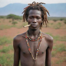 Tall, handsome Karamojong boy with dreadlocks in wilderness, smoking a pipe. His girlfriend, adorned in colorful beads, busily prepares Ugali next to him against the backdrop of the vast African landscape.