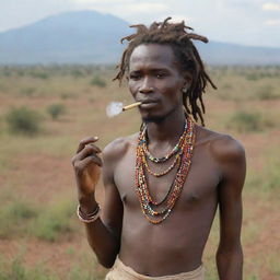 Tall, handsome Karamojong boy with dreadlocks in wilderness, smoking a pipe. His girlfriend, adorned in colorful beads, busily prepares Ugali next to him against the backdrop of the vast African landscape.