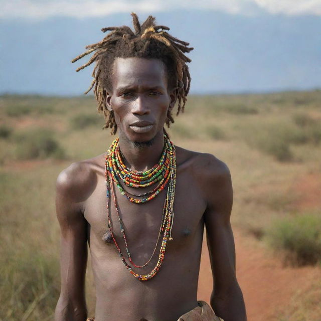 Tall, handsome Karamojong boy with dreadlocks in wilderness, smoking a pipe. His girlfriend, adorned in colorful beads, busily prepares Ugali next to him against the backdrop of the vast African landscape.