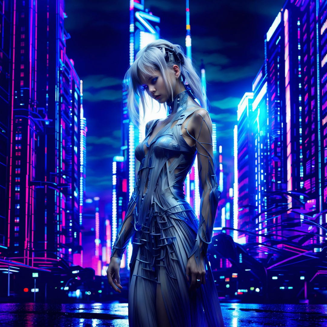 A hyper-realistic, unfiltered photograph of a techno-organic girl with glowing blue eyes and long silver wire hair standing alone in a neon-lit cityscape. Her body is a blend of human and machine, exuding profound sadness yet undeniable beauty.