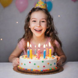 A cheerful girl joyfully holding a brightly decorated birthday cake adorned with lit candles.