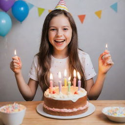 A cheerful girl joyfully holding a brightly decorated birthday cake adorned with lit candles.