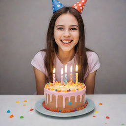 A cheerful girl joyfully holding a brightly decorated birthday cake adorned with lit candles.