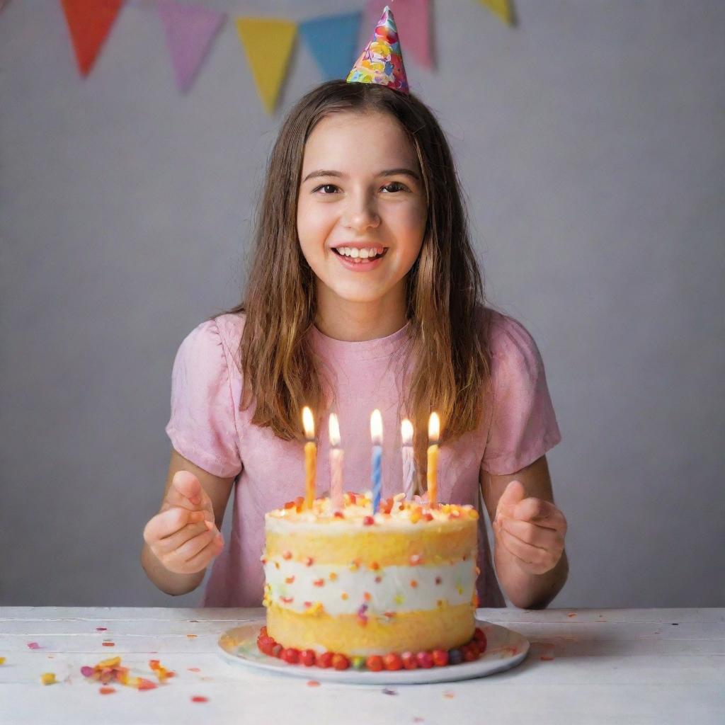 A cheerful girl joyfully holding a brightly decorated birthday cake adorned with lit candles.