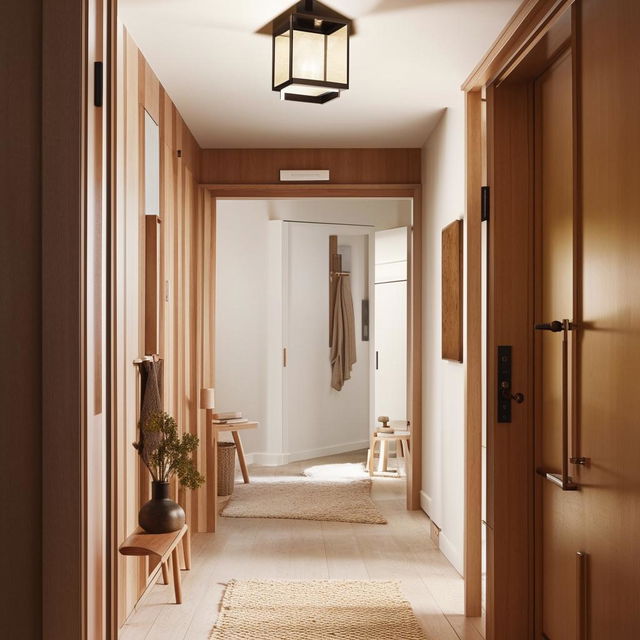 A Scandanavian-style hallway, accentuated by minimalist furniture, neutral tones, and warm, inviting lighting.