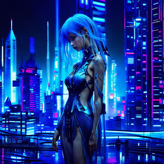 A hyper-realistic, unfiltered photograph of a techno-organic girl with glowing blue eyes and long blue hair standing alone in a neon-lit cityscape. Her body is a blend of human and machine, exuding profound sadness yet undeniable beauty.