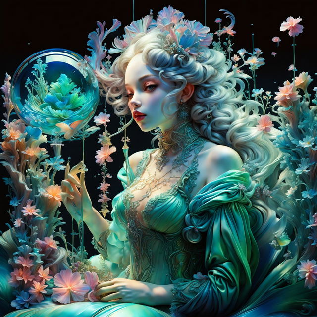 Hyper-realistic 3D Rococo water nymph blowing magical bubbles in a bioluminescent lagoon.