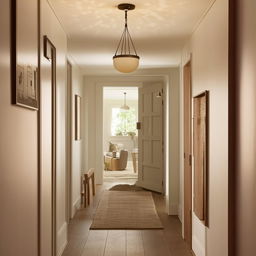 A Scandanavian-style hallway, accentuated by minimalist furniture, neutral tones, and warm, inviting lighting.