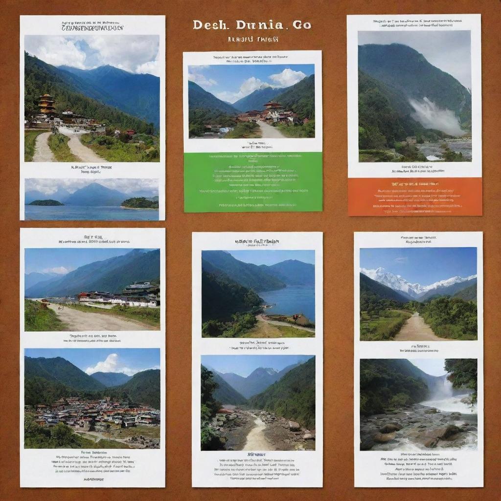 Create an eye-catching poster featuring the text 'Desh Dunia GO', a renowned travel agency specializing in trips to Sikkim, North East India, and the Andaman Islands. Include images of these locations, along with imagery associated with travel and exploration.