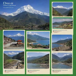 Create an eye-catching poster featuring the text 'Desh Dunia GO', a renowned travel agency specializing in trips to Sikkim, North East India, and the Andaman Islands. Include images of these locations, along with imagery associated with travel and exploration.