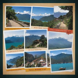 Create an eye-catching poster featuring the text 'Desh Dunia GO', a renowned travel agency specializing in trips to Sikkim, North East India, and the Andaman Islands. Include images of these locations, along with imagery associated with travel and exploration.