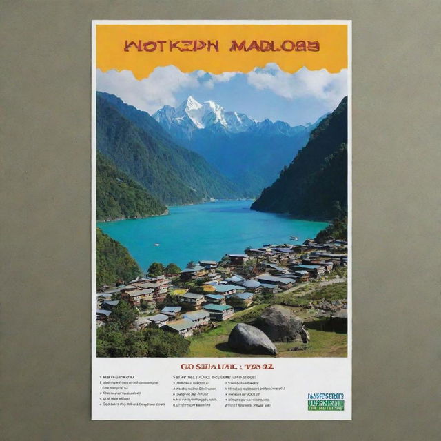 Create an eye-catching poster featuring the text 'Desh Dunia GO', a renowned travel agency specializing in trips to Sikkim, North East India, and the Andaman Islands. Include images of these locations, along with imagery associated with travel and exploration.