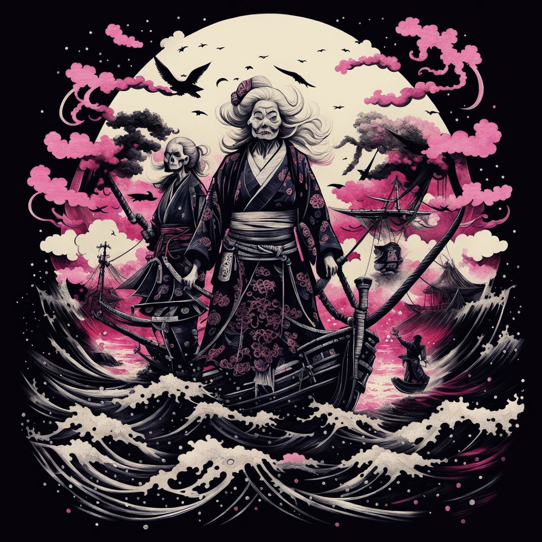 A pirate ship with samurai pirates and ghosts sailing on an ink sea near Mount Fuji under a sky with hues of the Japanese flag, watched by an elderly woman on shore.