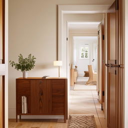 A Scandanavian-style hallway, accentuated by minimalist furniture, neutral tones, and warm, inviting lighting.