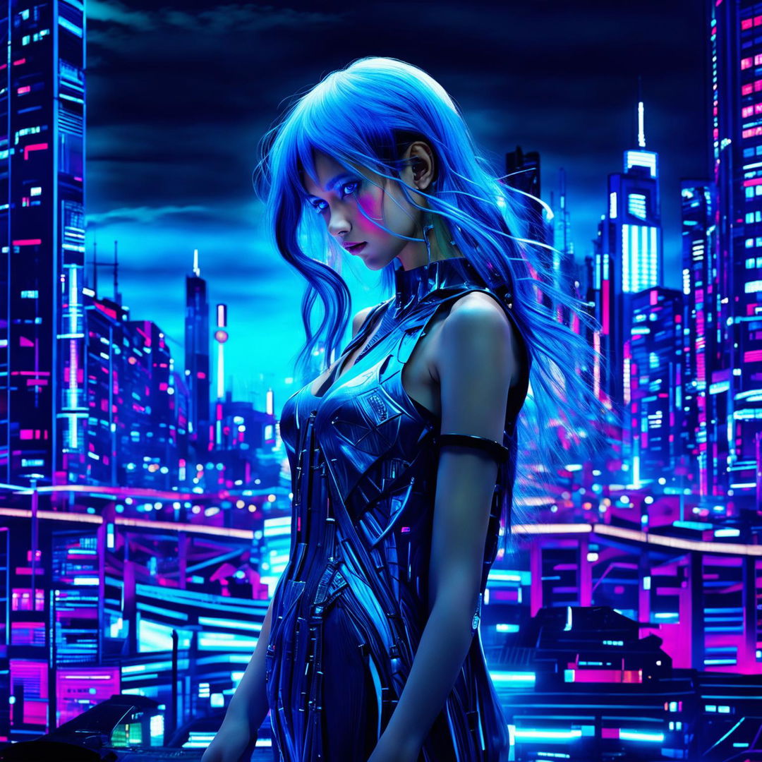 A hyper-realistic, unfiltered photograph of a techno-organic girl with glowing blue eyes and long, thick blue hair standing alone in a neon-lit cityscape. Her body is a blend of human and machine, exuding profound sadness yet undeniable beauty.