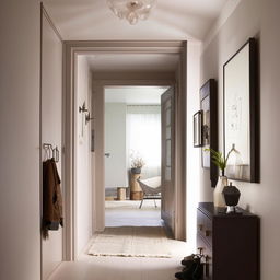 A Scandanavian-style hallway, accentuated by minimalist furniture, neutral tones, and warm, inviting lighting.