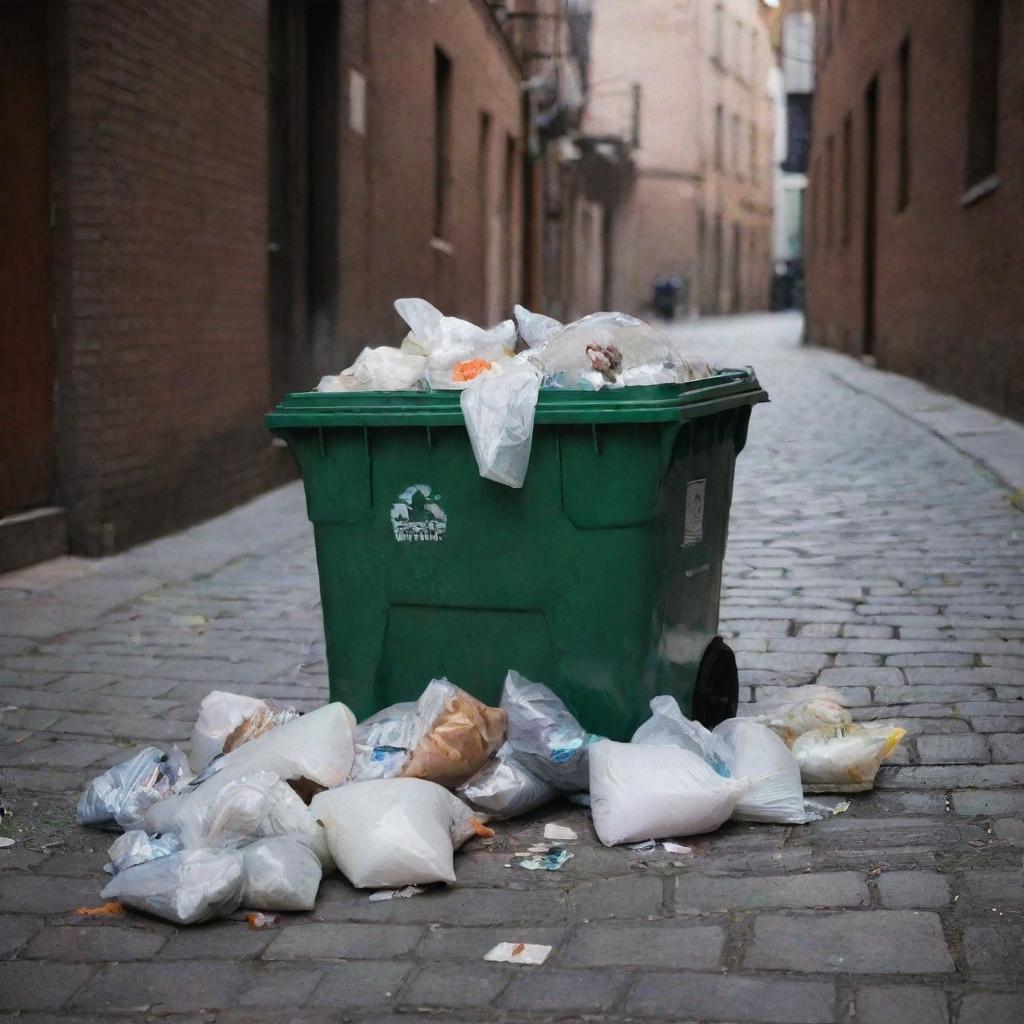 A close-up view of an overflowing garbage bin in a city alley at dusk, with a variety of trash items spilling out onto the cobblestone street.