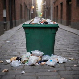 A close-up view of an overflowing garbage bin in a city alley at dusk, with a variety of trash items spilling out onto the cobblestone street.