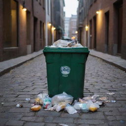 A close-up view of an overflowing garbage bin in a city alley at dusk, with a variety of trash items spilling out onto the cobblestone street.