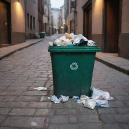 A close-up view of an overflowing garbage bin in a city alley at dusk, with a variety of trash items spilling out onto the cobblestone street.