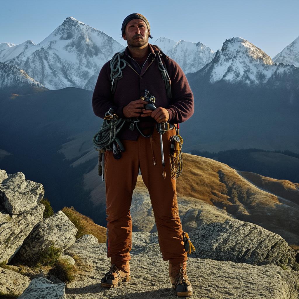 A rugged mountain man, with a burly physique contrasted against a backdrop of towering peaks, wearing traditional mountaineer clothing and equipped with climbing gear.