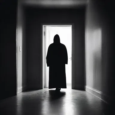 As the door creaked open, a figure emerged from the shadows, en deshabille, adding an eerie element to the already terrifying scene.